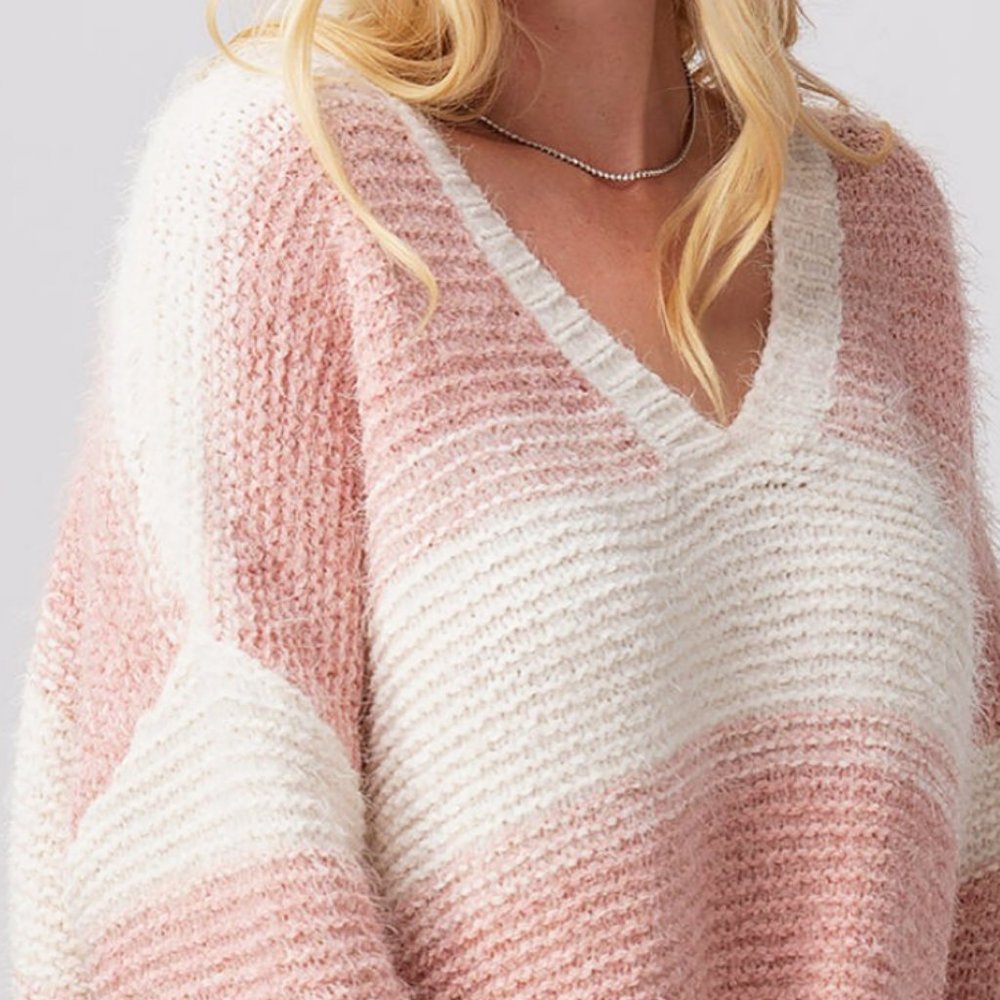 NEW Soft Fuzzy Eyelash Knit V Neck Stripe Cropped Knit Sweater - Picture 9 of 11